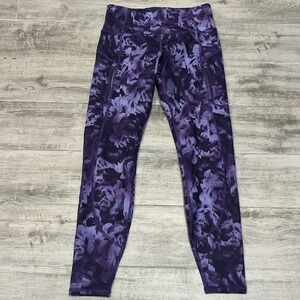Athleta Rainier Printed Tight Leggings Purple Floral Striped Zip Pockets Sz S